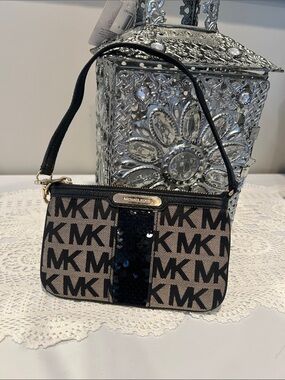 Michael Kors Black and Beige Logo Sequin Wristlet